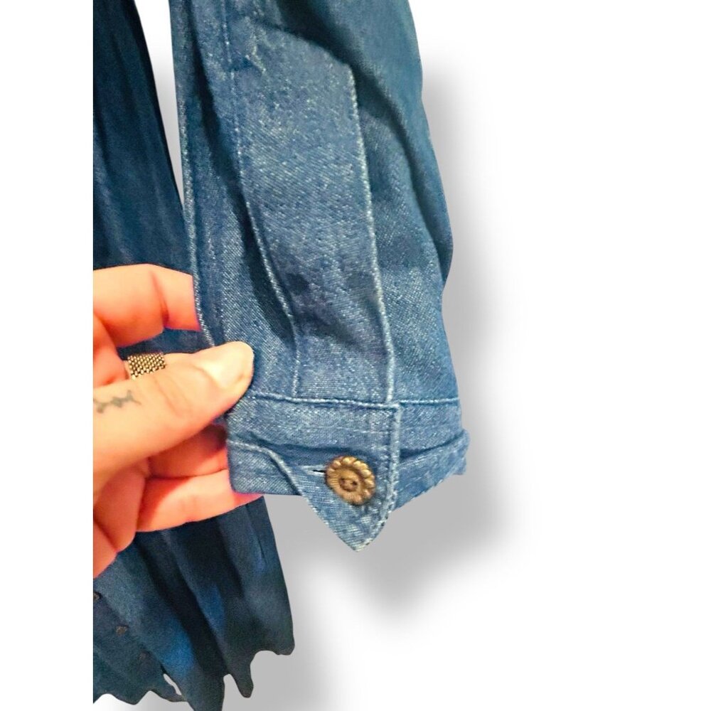 Vintage Cottagecore Denim Embroidered Prairie Dress Size Medium Back Tie Bird - Picture 6 of 14